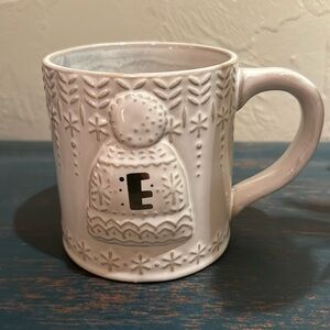 Anthropologie Letter E Mittens Coffee Mug Cup Christmas Monogram Gold Gray